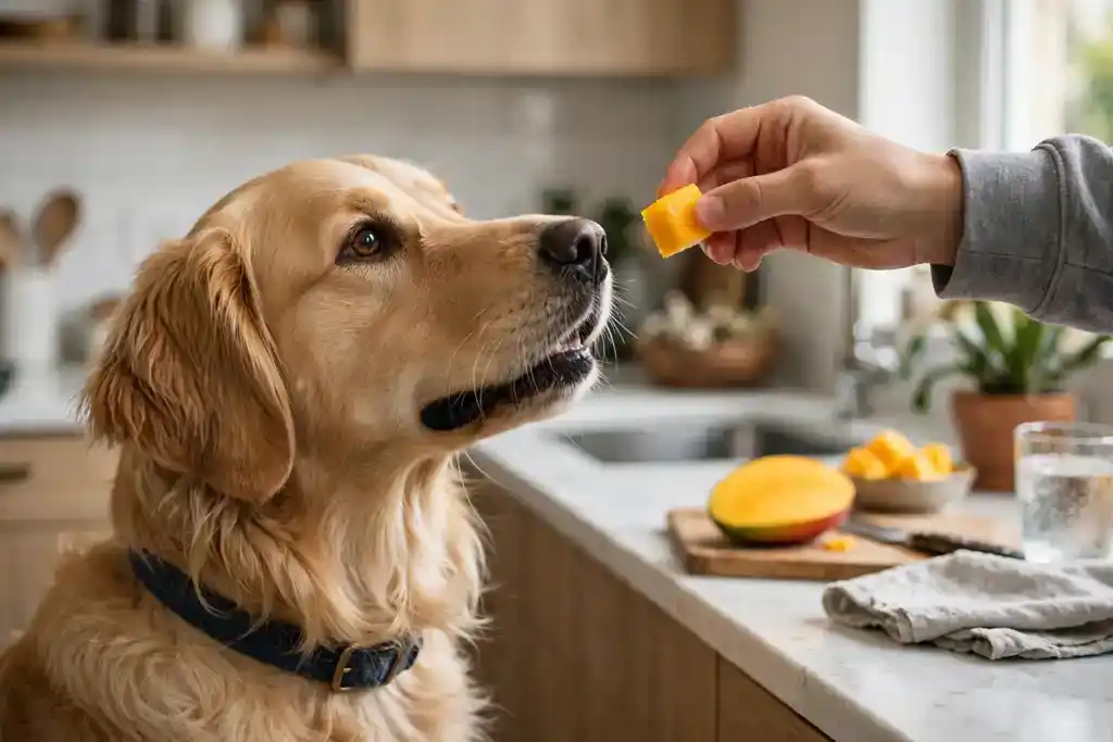 Dog taking a small cube of mango from its owner's hand