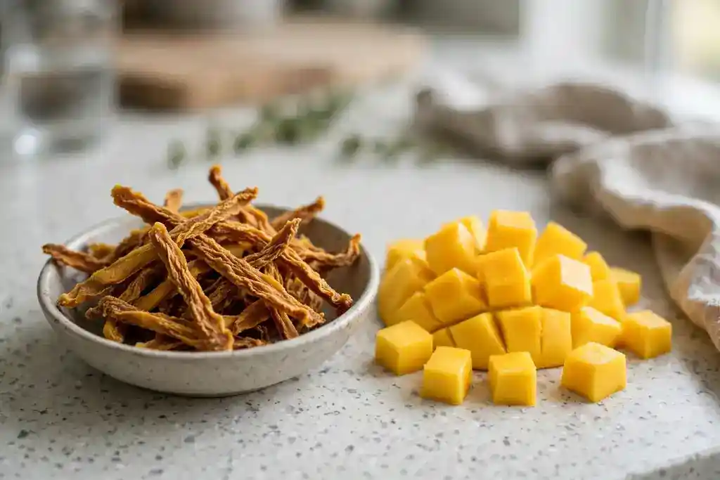 Dried mango strips beside fresh mango cubes