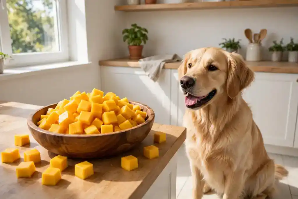 Ripe mango slices in a bowl beside a happy dog