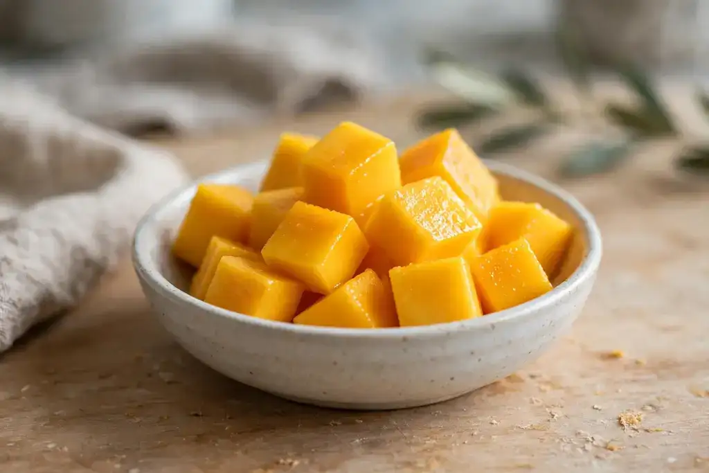 Small cubes of peeled ripe mango in a bowl
