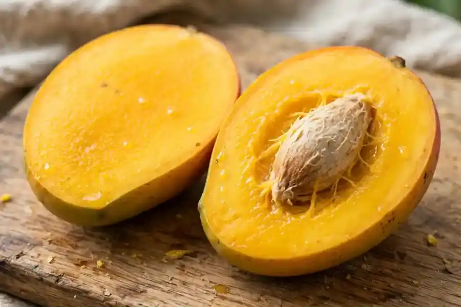 Fresh mango cut open showing the large pit to remove before serving