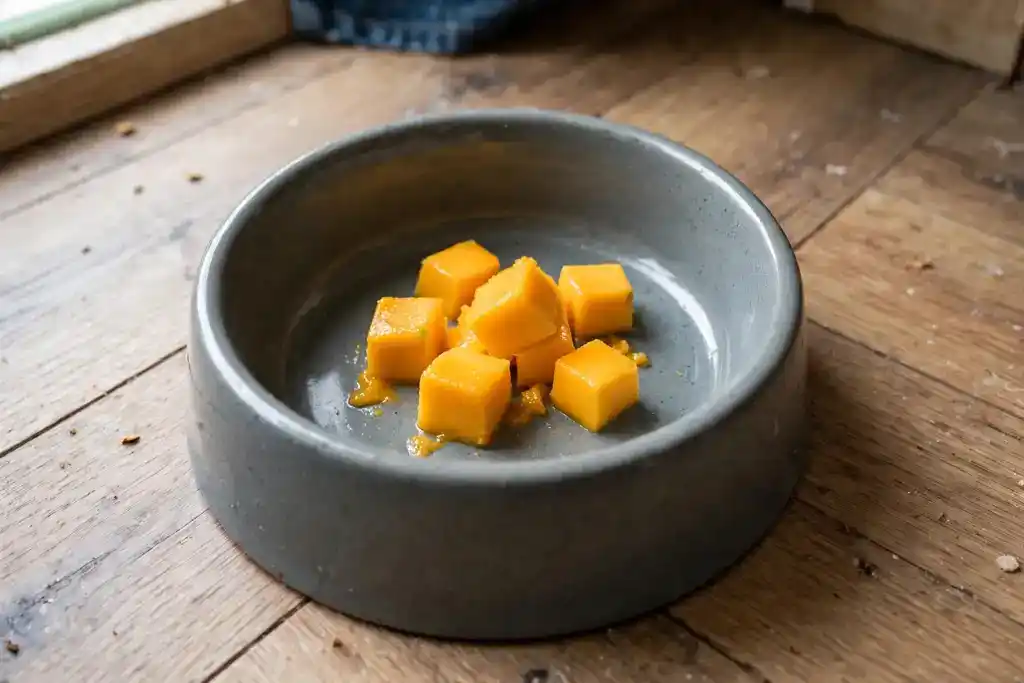 Small portion of mango cubes in a dog bowl