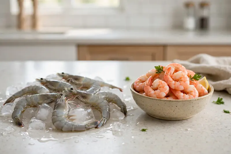 Raw grey shrimp on ice beside fully cooked pink shrimp in a bowl