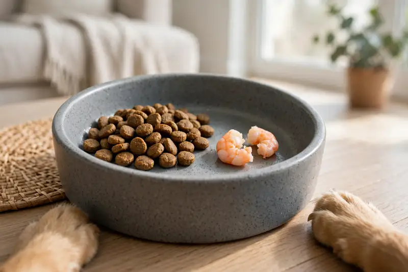 Two small pieces of plain cooked shrimp cut into bite-size pieces in a dog bowl