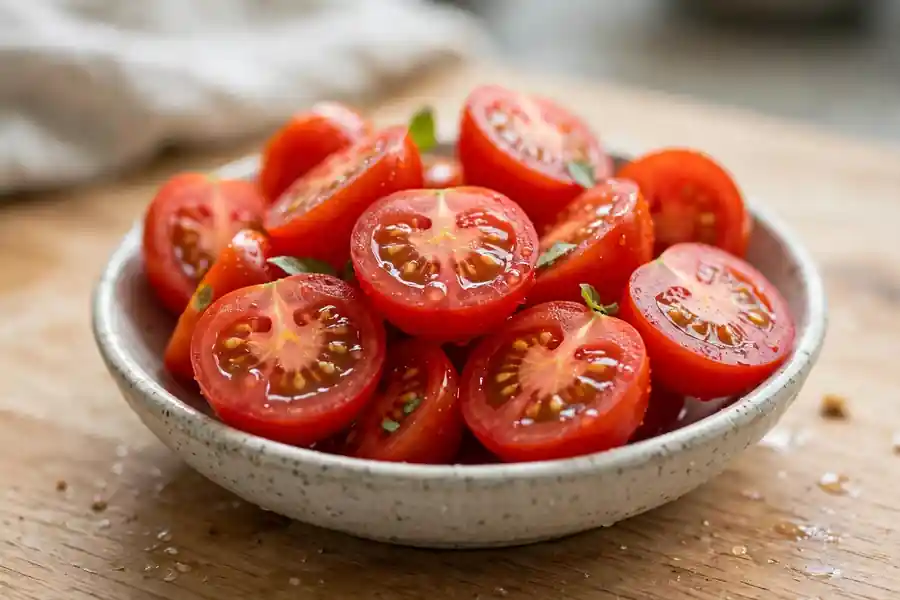 Ripe red cherry tomatoes cut in half in a small bowl