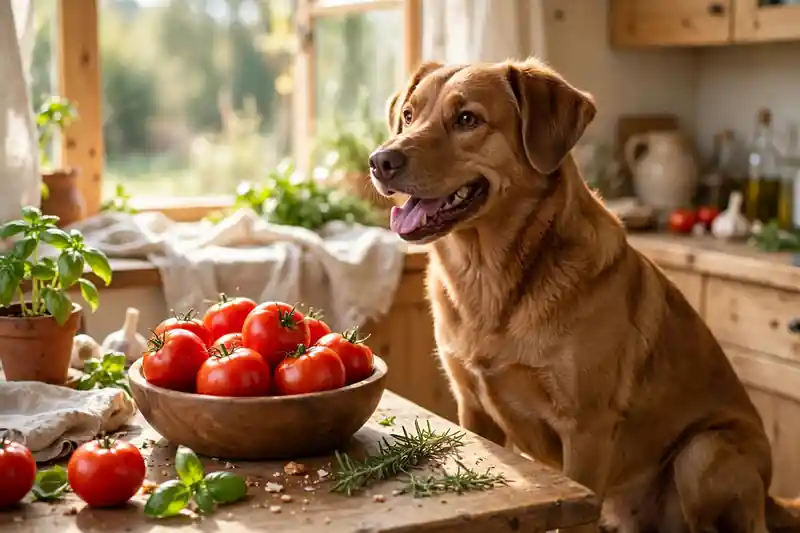 Happy dog sitting beside a bowl of ripe red tomatoes
