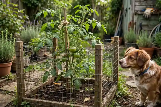 Tomato plant with green stems and leaves fenced off from a dog in a garden