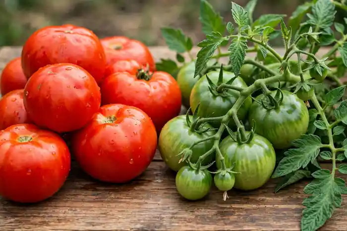 Ripe red tomatoes beside unripe green tomatoes and tomato plant leaves