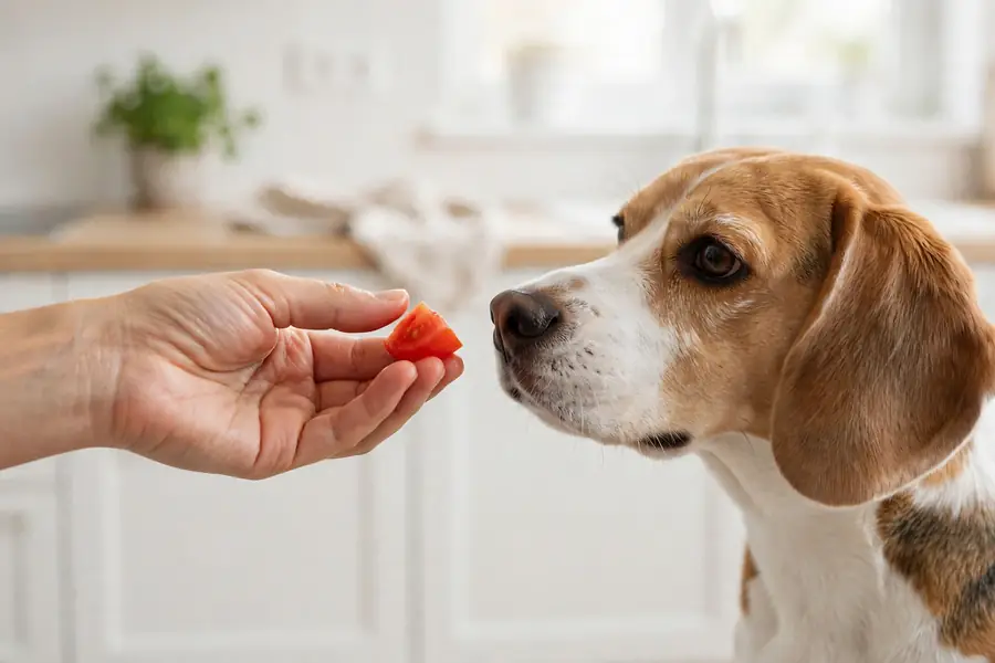 Hand offering a small plain piece of ripe red tomato to a dog