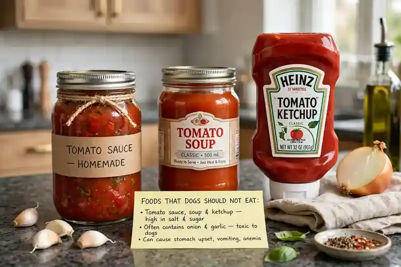 Bottles of tomato sauce, soup and ketchup that dogs should not eat