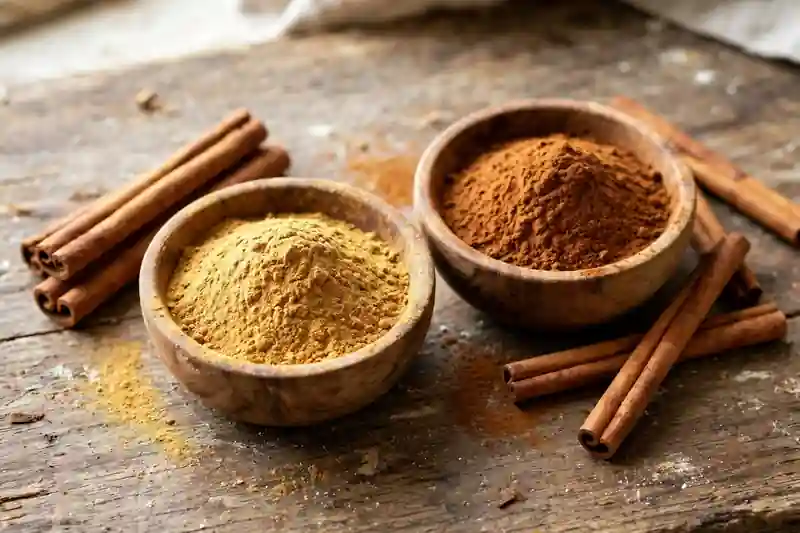 Two small bowls of ground cinnamon, one pale golden and one darker reddish-brown, with cinnamon sticks beside them