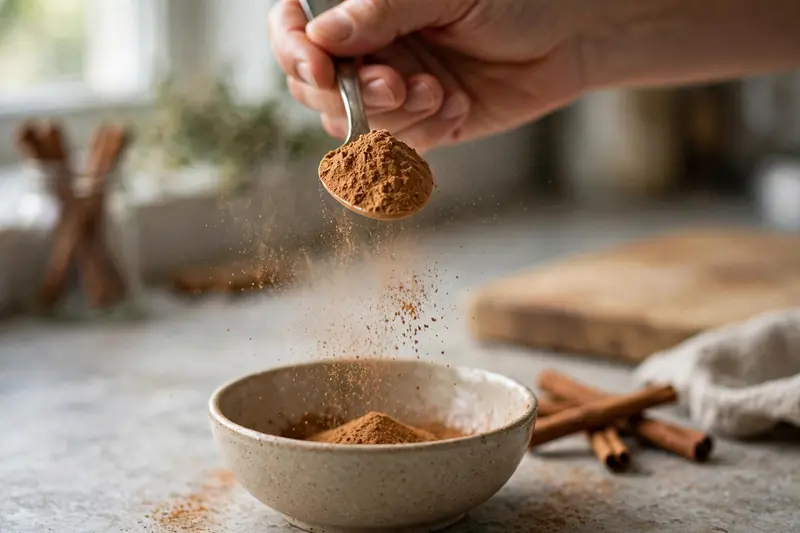 Spoonful of dry cinnamon powder held above a small bowl