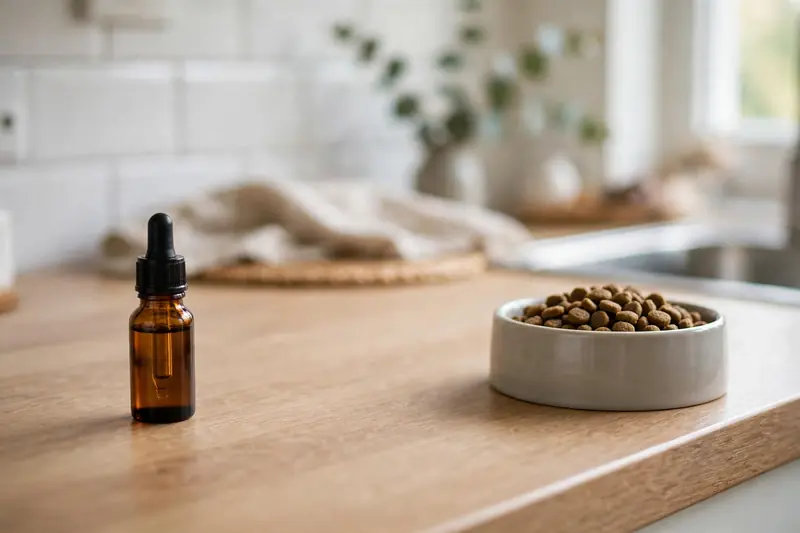 Small amber essential oil bottle kept apart from a dog food bowl