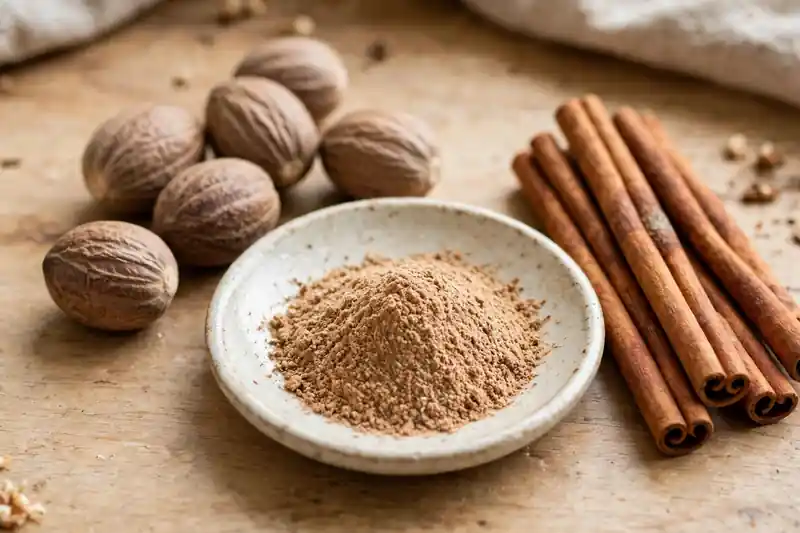 Whole nutmeg seeds and ground nutmeg beside cinnamon sticks, two different spices