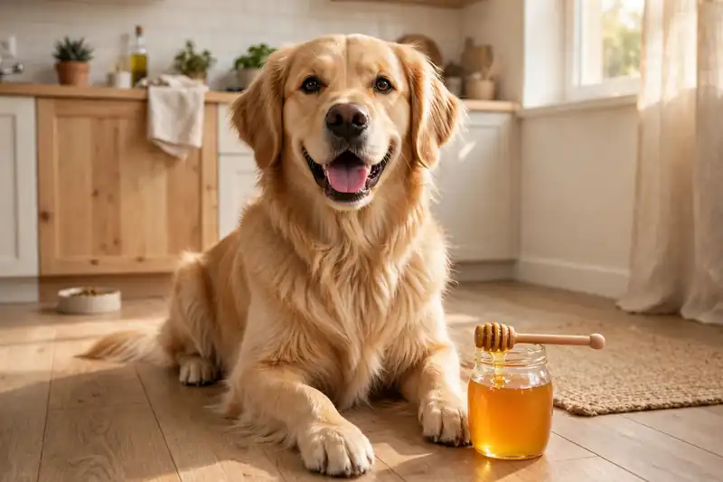 Happy adult dog sitting beside an open jar of golden honey with a wooden dipper