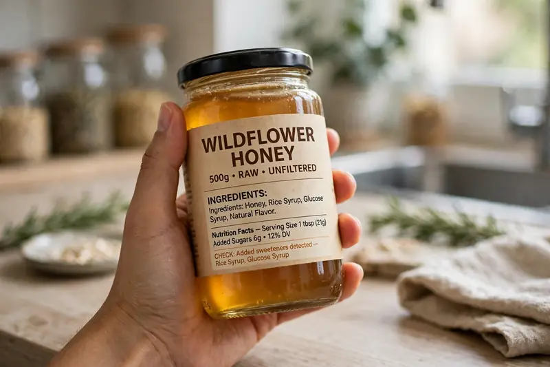 Hand checking the ingredient label on a honey product jar for xylitol