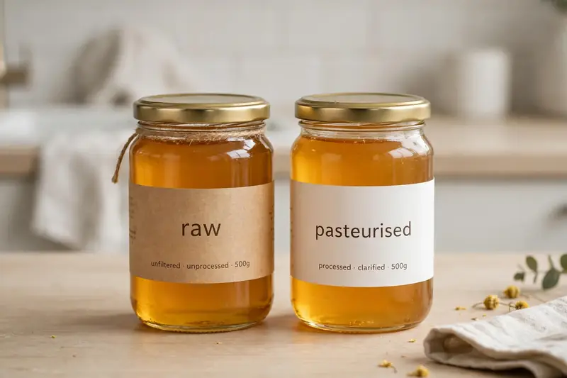 Two jars of honey side by side, one raw and unfiltered and one pasteurised