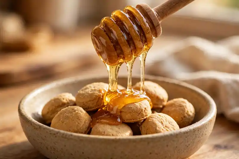 Golden honey drizzling from a wooden dipper over plain dog treats in a bowl