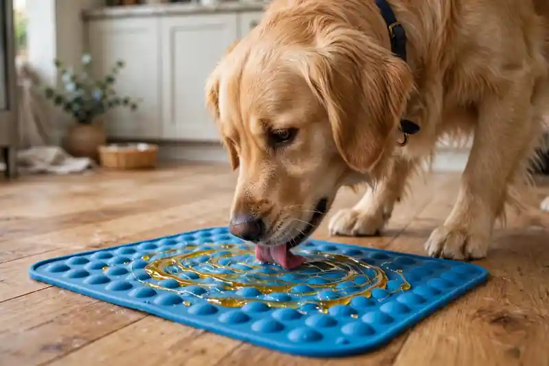Dog licking a lick mat with a thin smear of honey on it
