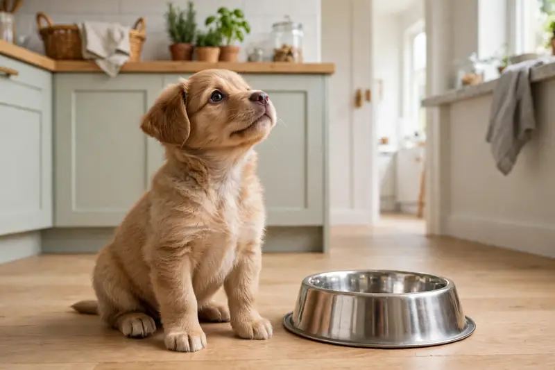 Young puppy sitting beside a dog food bowl